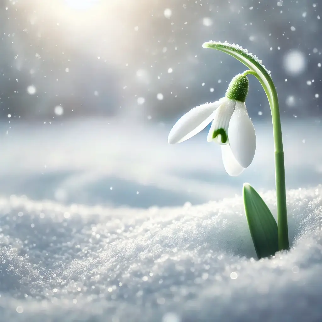 A close-up image of delicate white snowdrop flowers blooming in early spring, symbolizing hope and purity as the January birth flower.