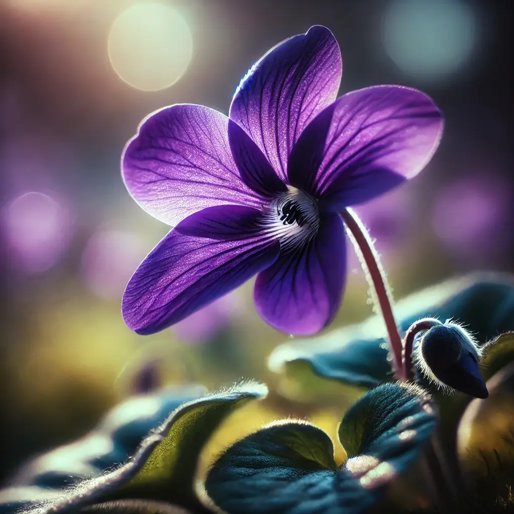 A vibrant violet flower in full bloom, showcasing its delicate purple petals and heart-shaped leaves, symbolizing modesty and faithfulness as the February birth flower.